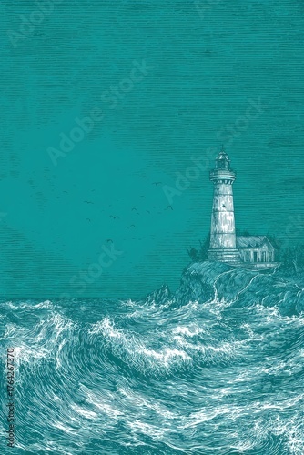Vintage nautical illustration of a rugged lighthouse on a stormy coastline with turbulent ocean waves and dramatic teal sky, maritime navigation, coastal scenery, seafarer's guide, night beacon