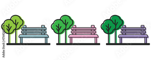 Park icon vector set, city park icon, bench and tree icon vector set in trendy flat style illustration isolated on white background.