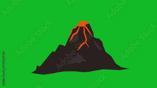 Animation process of cartoon volcano erupting isolated green background