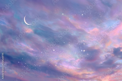 Dreamy pastel sky with crescent moon and stars magical twilight scene tranquil cloudscape evening serenity calm night sky galaxy romantic celestial atmosphere