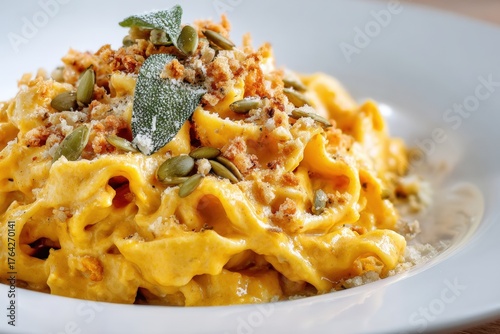 Delicious creamy pumpkin pasta dish sprinkled with crunchy seeds and fresh sage on a white plate, gourmet vegetarian meal, autumn comfort food, rustic and hearty cuisine, vibrant colors
