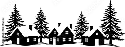 Snowy Winter Cabins House with Pine Trees Silhouette