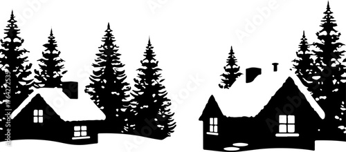 Snowy Winter Cabins House with Pine Trees Silhouette