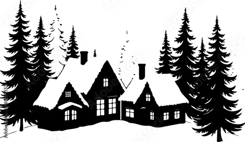 Snowy Winter Cabins House with Pine Trees Silhouette