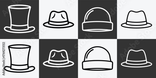 Collection of hand drawn hat icons featuring berets and ushanka hats in a grid layout