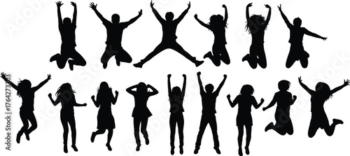 Silhouettes jumping people group happiness celebration success vector