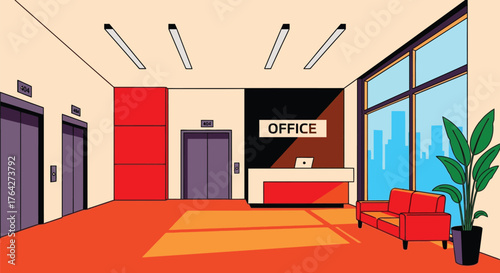 Office lobby reception area elevators waiting area modern interior