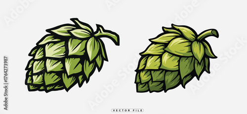 Detailed illustration of two vibrant green hop cones on a white background