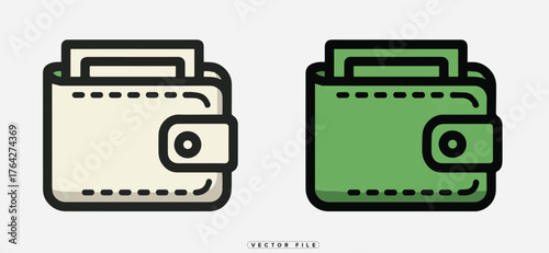 Two simple wallet illustrations in beige and green tones are shown