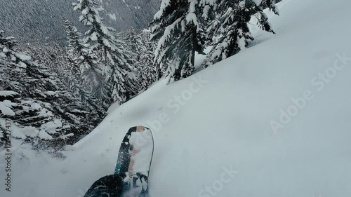 Snowboarder Carving Deep Powder Slow Motion POV