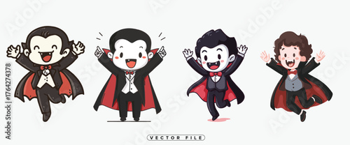 Four cheerful cartoon vampires excitedly jumping and celebrating with glee