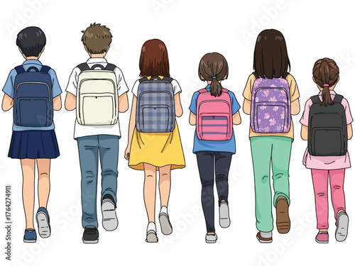 Back to school illustration of students with backpacks walking away
