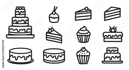 Outline of various cakes including tiered wedding cake cupcake slice