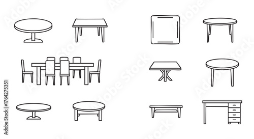 Outline Illustration of Different Tables and Chairs for Interior Design