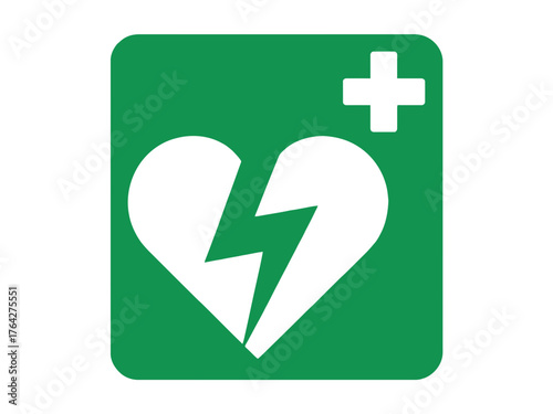 A white heart with a lightning bolt symbolizing a defibrillator is shown within a green square with a white plus sign