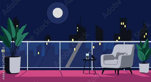 Night city balcony view chair plant drink relaxing urban scenery