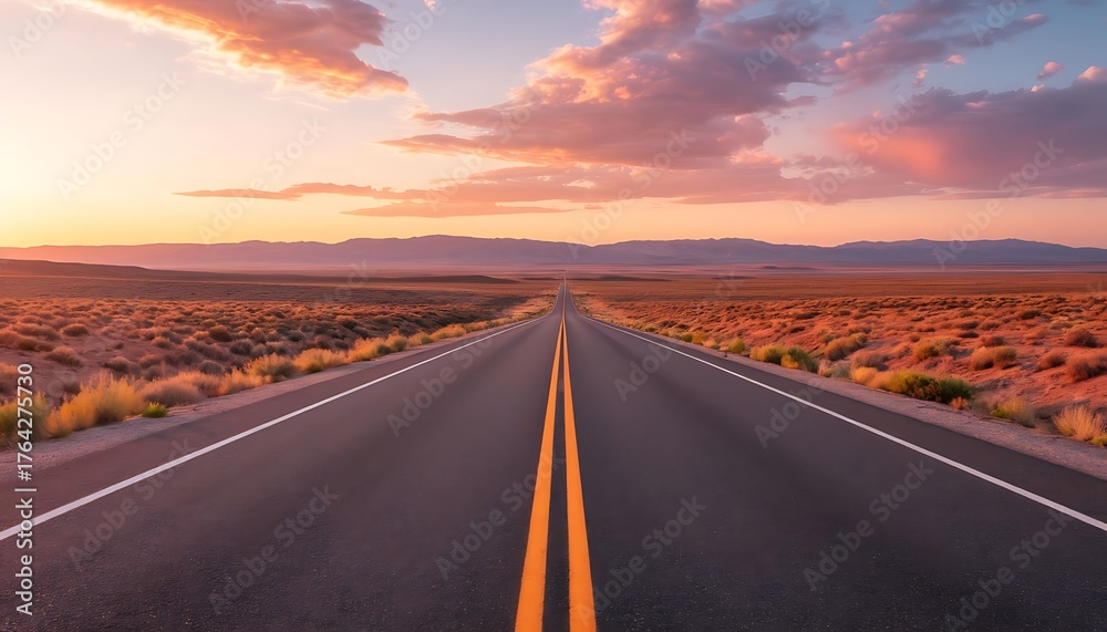 Naklejka premium Open road stretching into the distance across a desert landscape at sunset, symbolizing travel, freedom, and new beginnings