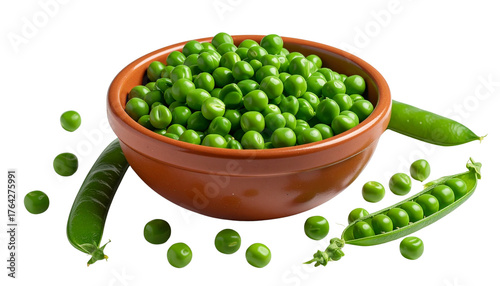 Fresh, healthy, raw green peas in a bowl, a vibrant vegetable ingredient for a vegetarian salad, isolated on a white background.