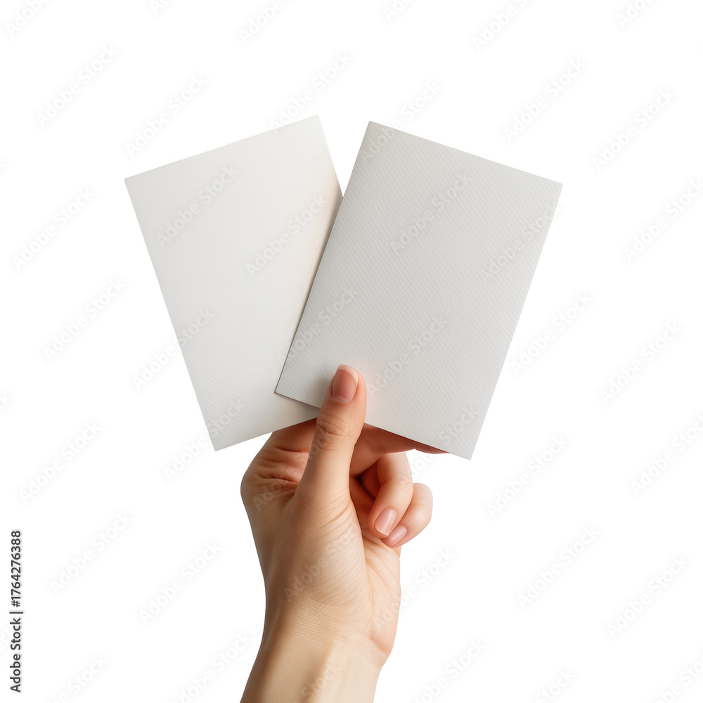 Fototapeta premium Hand holding two blank rectangular business cards for mockup Isolated on transparent background