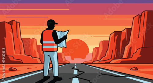 Man road map desert landscape travel adventure direction exploration