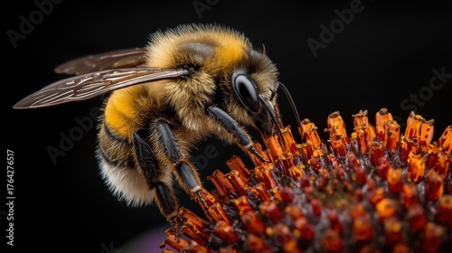 Delightful bumble bee collecting pollen from vibrant orange flower in stunning detail and black background