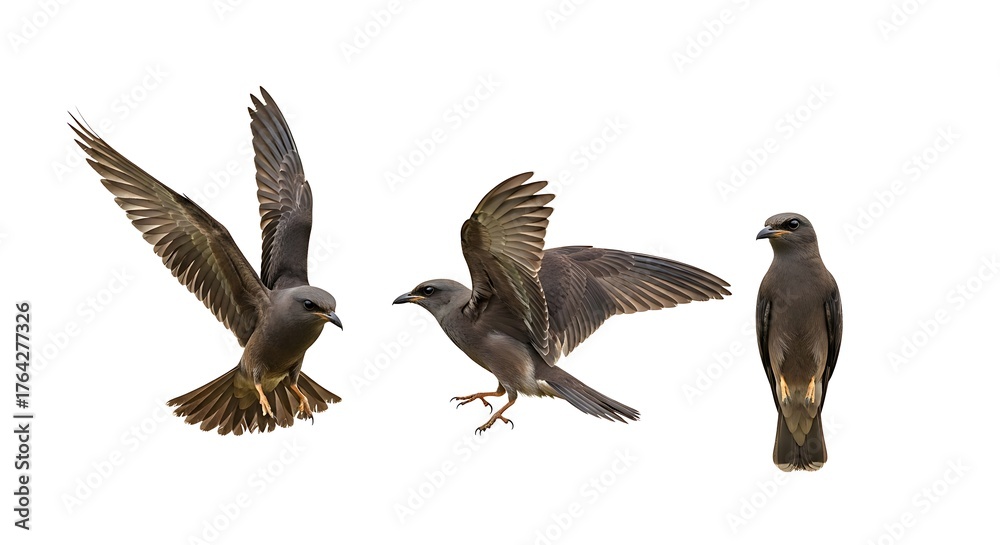 Fototapeta premium Set of three Black Kite bird poses in flight and standing isolated on a white background.
