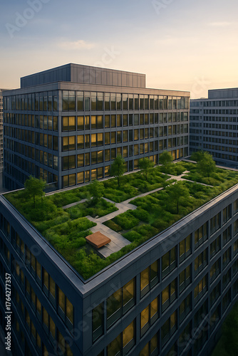 Green rooftop garden on urban office building. Modern office building with eco-friendly rooftop garden and plants. Sustainable architecture and green design concept. 