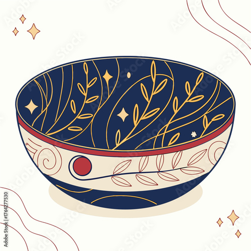 Adobe Illustrator Artwork:  A vector dark blue exterior bowl with a gold celestial and botanical pattern with sea star and leaves theam