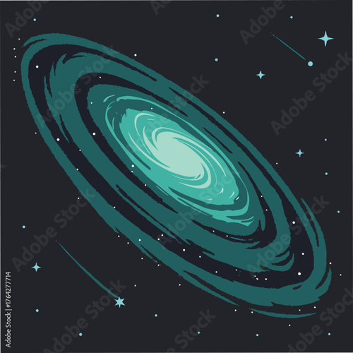 Adobe Illustrator Artwork: A vector illustration of a rotating disk of stars, gas, and dust called a spiral galaxy