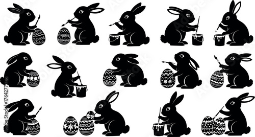 Easter bunny silhouettes, rabbits painting eggs, festive vector art, holiday celebration, cute animal poses, brush, bucket, decoration, spring, joy