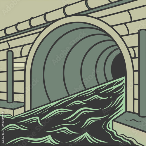 Adobe Illustrator Artwork: A vector illustration of a sewer tunnel discharged into local rivers