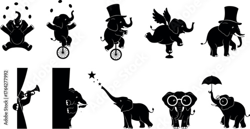 Elephant, circus, silhouette, cartoon, juggling, unicycle, top hat, wings, ball, trumpet, umbrella, playful, animal, fun, entertainment, fantasy, black, white, whimsical, activity, performance