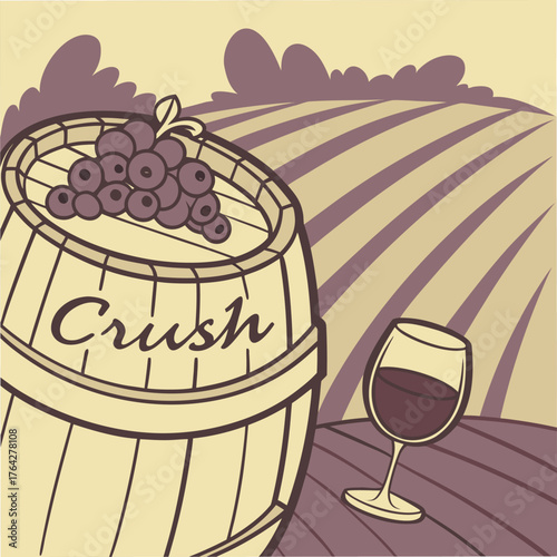 Adobe Illustrator Artwork: A winemaking wooden barrel filled with grapes with the Crush word and a glass of red wine in a vineyard