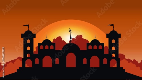 muslim background. silhouette of mosque on sunset animation
