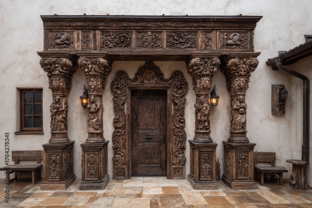 Obraz premium Ornate wooden doorway with carved pillars and architectural detail.
