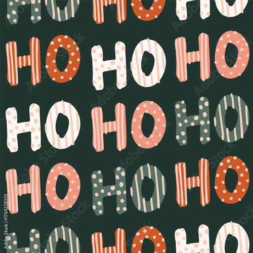 Holiday themed HoHoHo lettering with stripes and polka dots, giving a maximalist Christmas vibe in colors of peach, orange, red, pink and off white on navy blue. Seamless vector pattern. Wrapping, etc