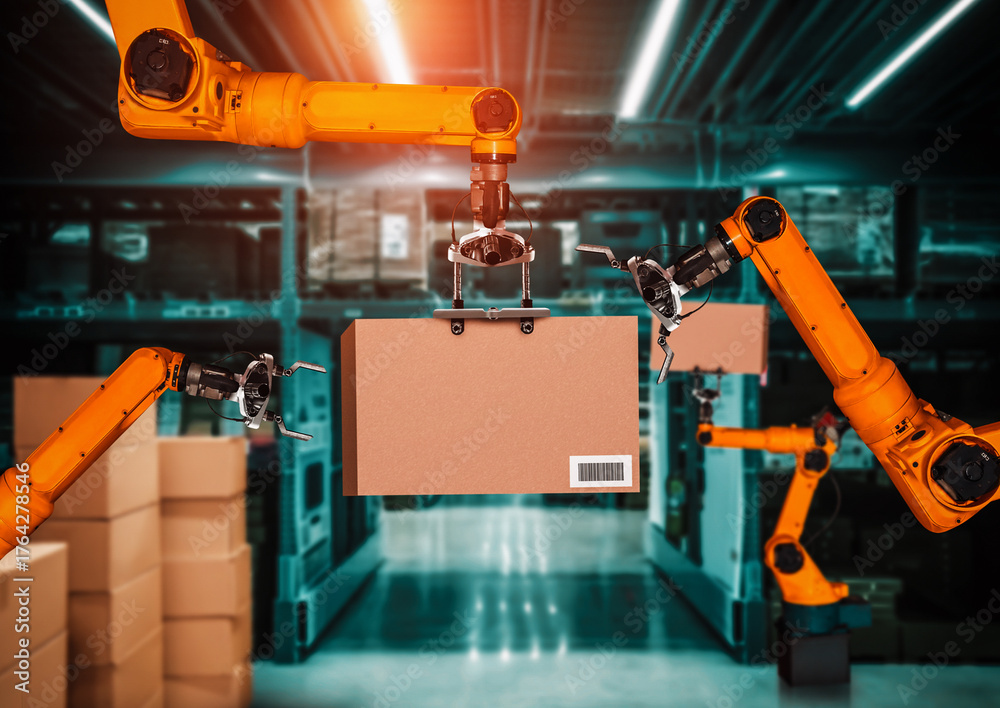 Fototapeta premium Smart robot arm system for innovative warehouse and factory digital technology . Automation manufacturing robot controlled by industry engineering using IOT software connected to internet network .