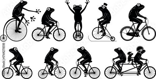 Frog, bicycle, silhouette, cartoon, whimsical, cycling, character, ride, scooter, unicycle, tandem, vintage, modern, animal, black, white, playful, fantasy, motion, creative, illustration