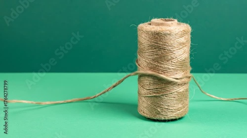 A spool of natural twine on a teal background