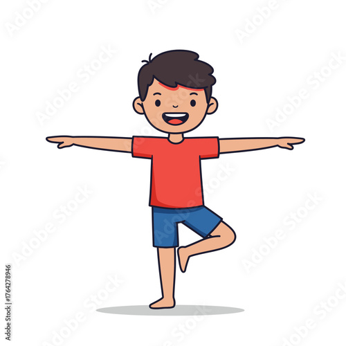 Smiling cartoon boy in a red shirt and blue shorts doing a balancing yoga exercise.