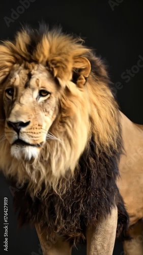 Lion portrait against black background