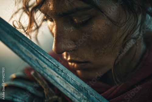 Gritty warrior woman with sword outdoor battlefield determination courage strength epic intense portrait medieval armor close-up realistic cinematic dramatic historical storytelling