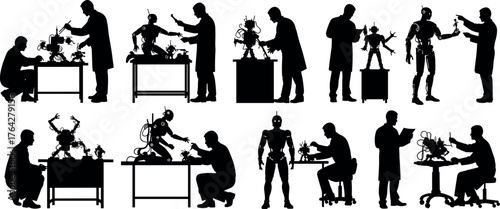 Humanoid, robot, workshop, silhouette, interaction, technology, AI, development, engineering, assembly, inspection, programming, teamwork, innovation, lab, 