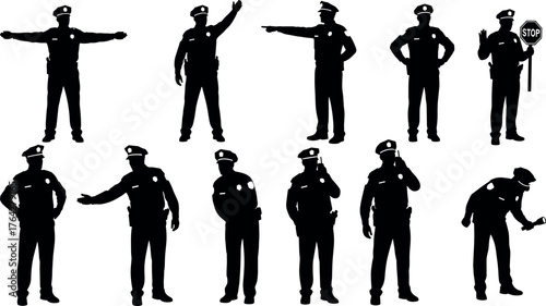 Police officer silhouettes, vector law enforcement poses, traffic control gestures, stop sign, radio, authority, safety, patrol, public order, command