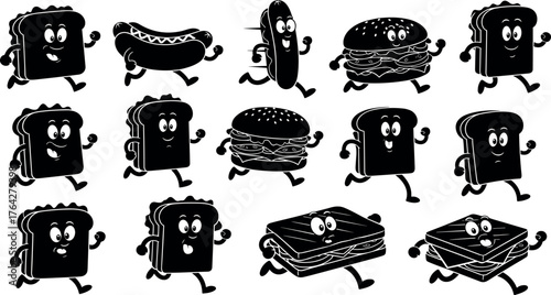 Sandwich, burger, hot dog, taco, cartoon, silhouette, food, character, running, motion, snack, expressive, funny, black, white, whimsical, anthropomorphic, lunch, creative, illustration, animated