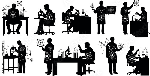 Scientist, silhouette, lab coat, microscope, test tube, atomic model, chemistry, physics, experiment, research, education, teamwork, discovery, molecular, 