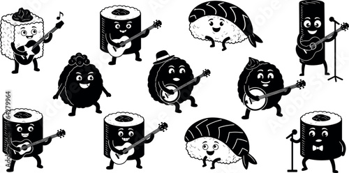 Sushi music band, cartoon riceball performers, kawaii food characters, vector illustration, guitar, banjo, microphone, jazz, rock, fun, cute