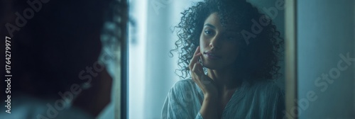 Introspective young woman looking in mirror, self-reflection and contemplation, serene atmosphere, vintage lighting, curly hair, soft focus, blue tones, thoughtful expression