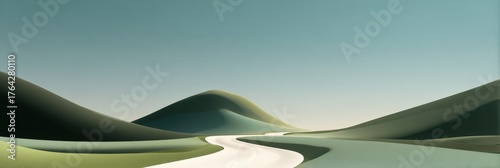 Calm minimalistic landscape with winding road through rolling green hills under clear blue sky peaceful tranquil nature scene serene outdoor scenery background
