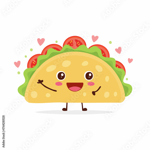 Cute kawaii taco character with a happy smiling face waving with lettuce and tomato fillings surrounded by pink hearts.